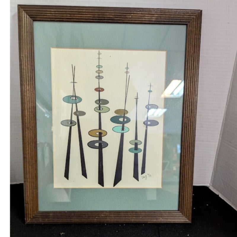 Mid-Century Modern Geometric Spiky Abstract Acrylic Painting Signed DMG