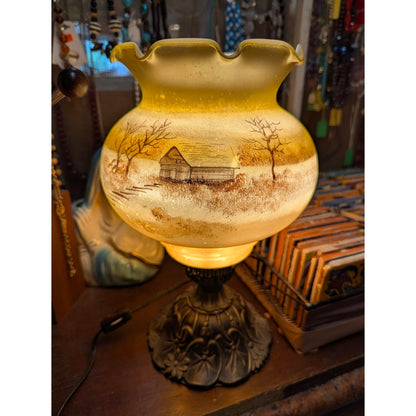 Vintage Custard Glass Lamp Handpainted Barn Scene Ribbon Top French Country