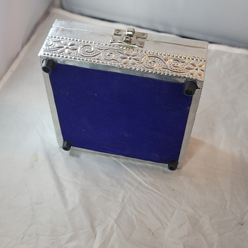 Keepsake Handicraft Peacock Design Jewelry STASH Box Silver Foil Metal Wrapped
