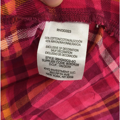 Distressed Jeans Button Up Shirt Extra Large/XL 16 Raspberry Plaid NWT Raw Hem