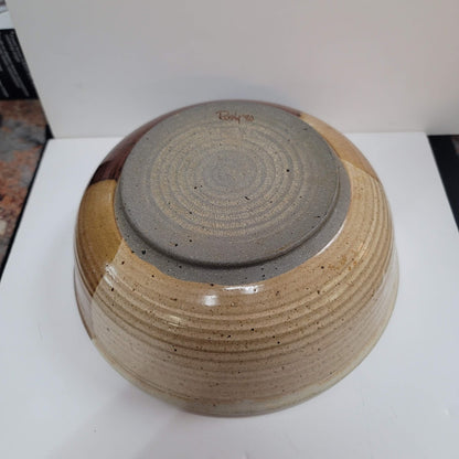 Handmade 1980s art pottery earthtone Signed Rusty 80 bowl 9" Brown Cream Tan