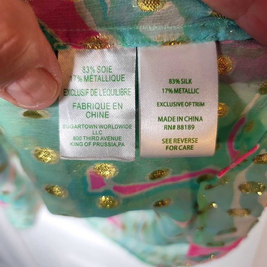 Lilly Pulitzer Small Rilla sheer silk blouse Tropical Pink Sands gold metallic