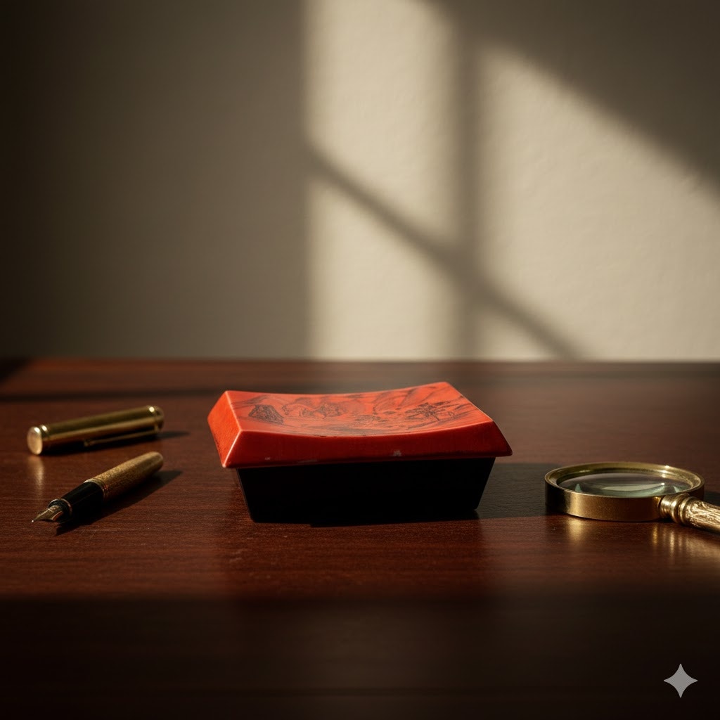 Japanese Inspired Red Black Ceramic Trinket Box Two Piece Landscape 2pc.