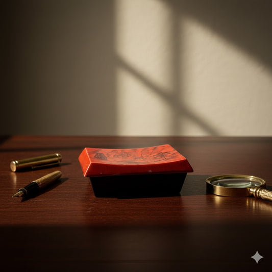 Japanese Inspired Red Black Ceramic Trinket Box Two Piece Landscape 2pc.