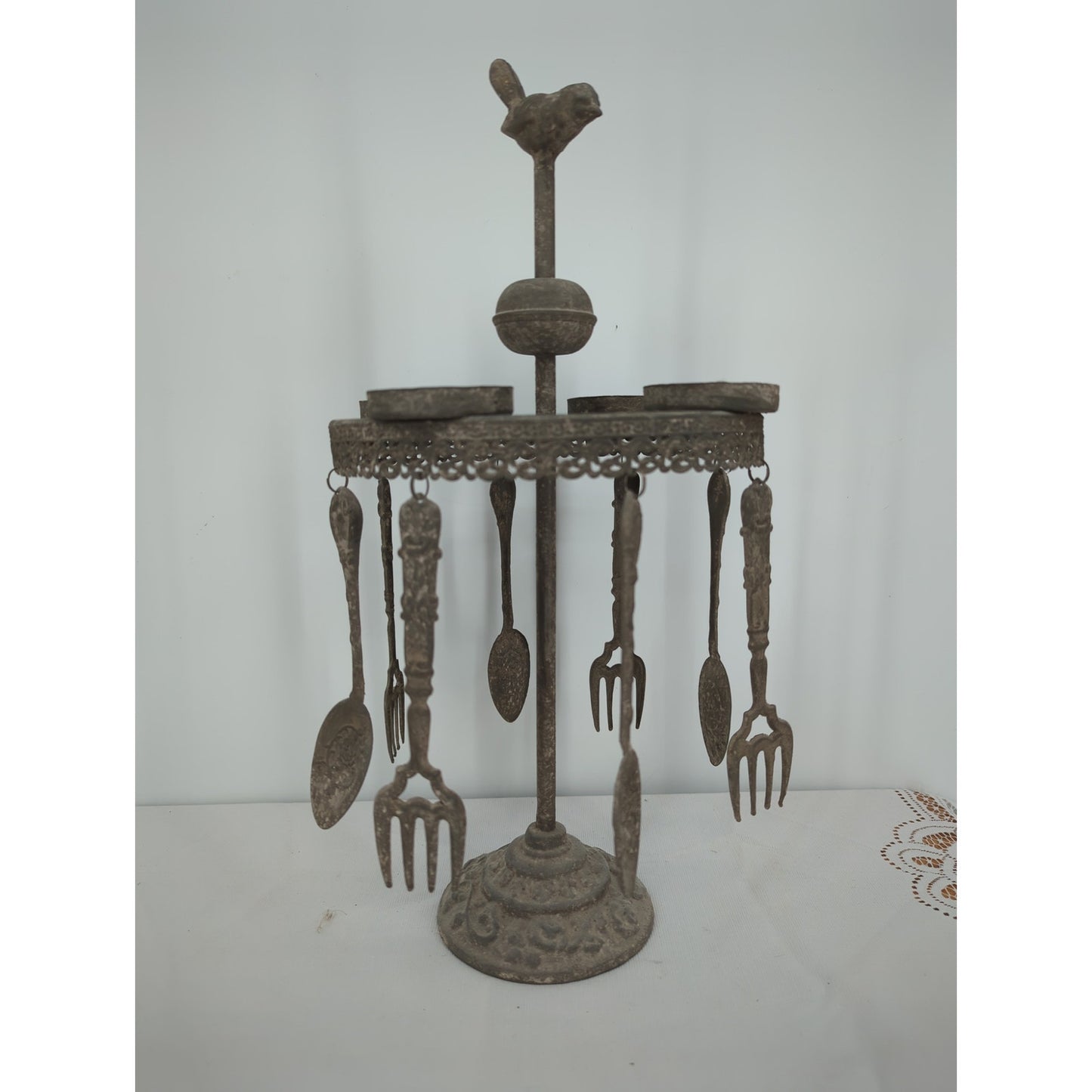Antique Cast Metal Bird Revolving Candelabra & Cutlery Server Heirloom
