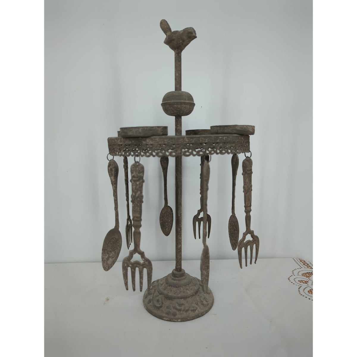 Antique Cast Metal Bird Revolving Candelabra & Cutlery Server Heirloom