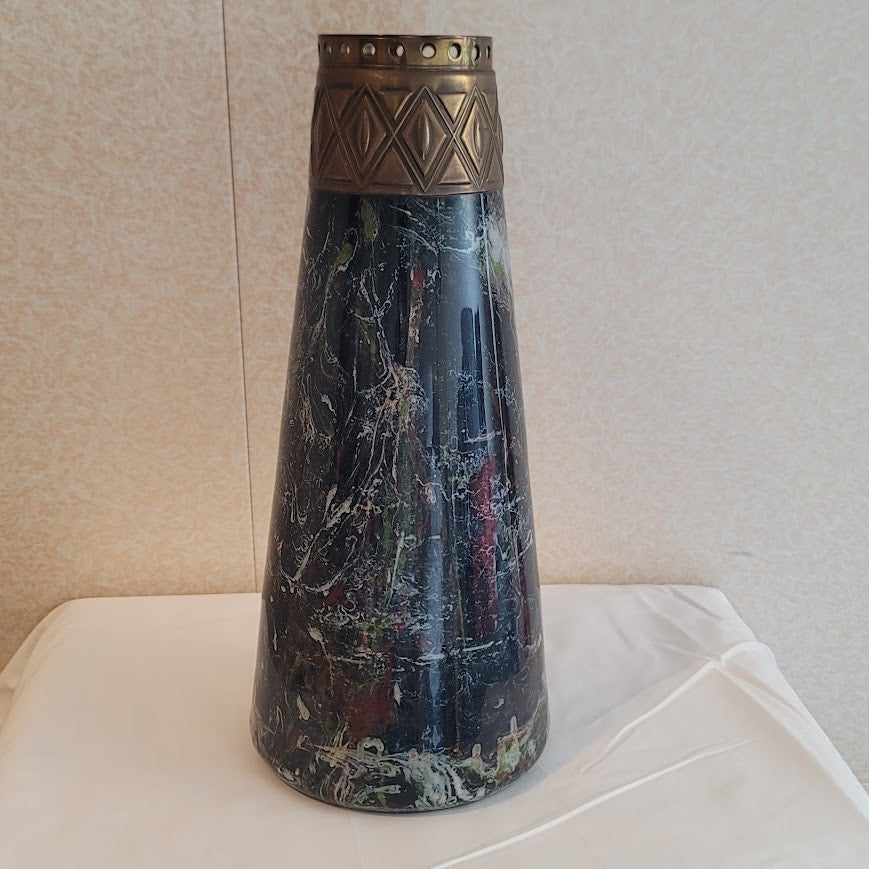 Vintage Art Deco Conical Glass Vase w/ Brass Collar Insert 13"