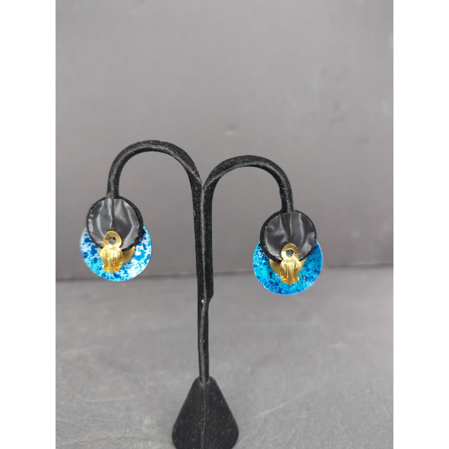 Vintage West Germany Hand Painted Enameled Metal Clip On Earrings Abstract BLUE