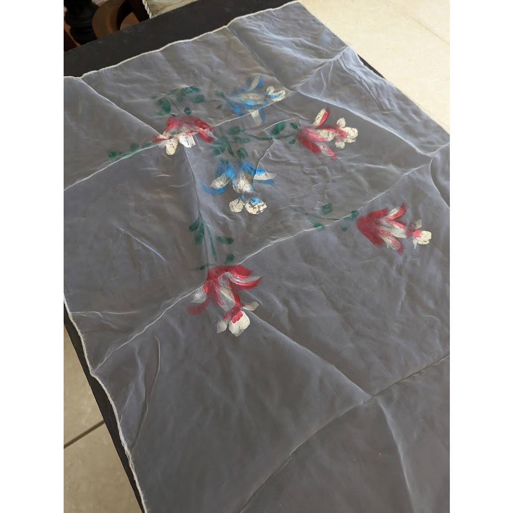 VTG. Sheer oblong white table runner Painted floral design 51" x 20" rolled edge