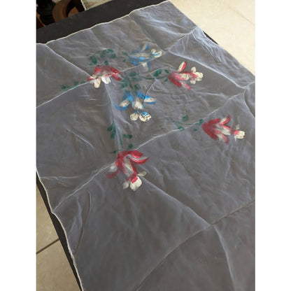 VTG. Sheer oblong white table runner Painted floral design 51" x 20" rolled edge