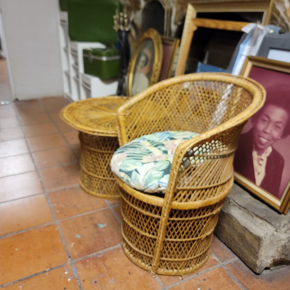 Vintage Mid Century Modern Wicker Barrel Chair and Sunburst Drum Side Table Set