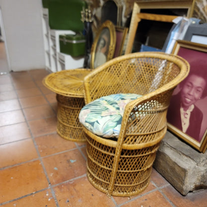 Vintage Mid Century Modern Wicker Barrel Chair and Sunburst Drum Side Table Set