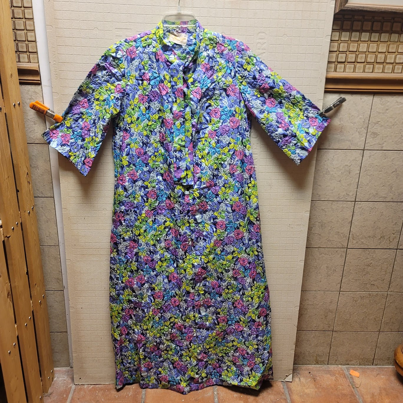Vtg Marilyn Multicolor Textured House Coat Dress Full Length Maxi 3/4 Sleeve Rob