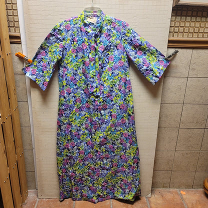 Vtg Marilyn Multicolor Textured House Coat Dress Full Length Maxi 3/4 Sleeve Rob