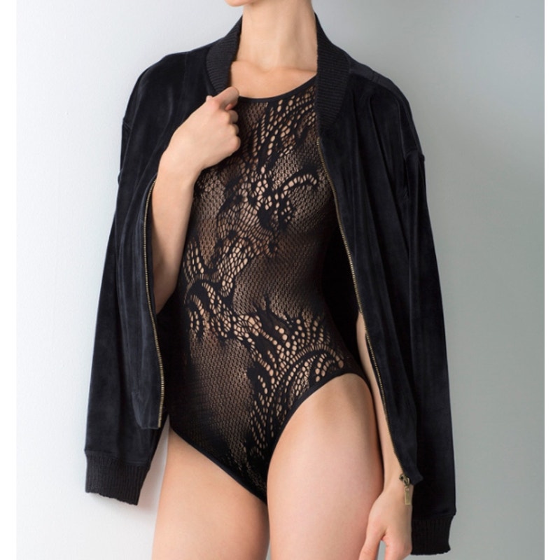 Natori Feathers Short Sleeve Bodysuit New Black Mesh Signature Pattern