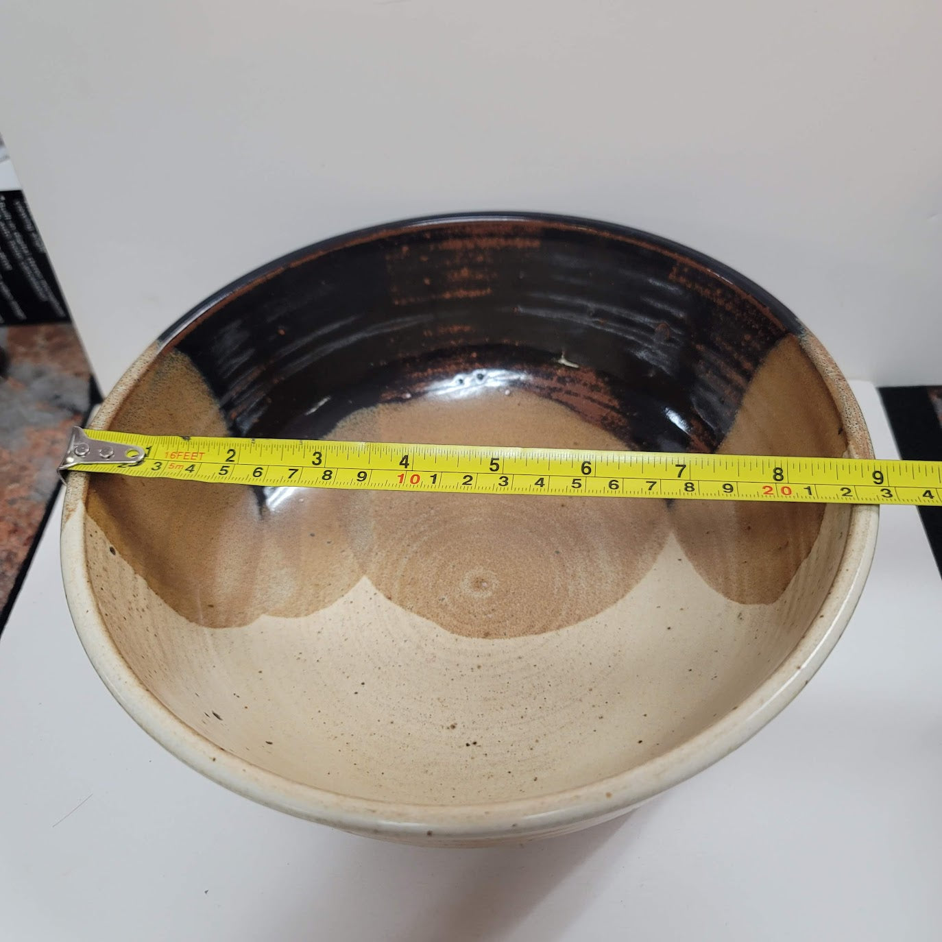 Handmade 1980s art pottery earthtone Signed Rusty 80 bowl 9" Brown Cream Tan