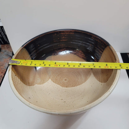 Handmade 1980s art pottery earthtone Signed Rusty 80 bowl 9" Brown Cream Tan