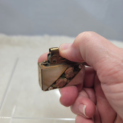 Vintage Crown Brass Mother of Pearl Pocket Lighter Antique Japan Floral Compact