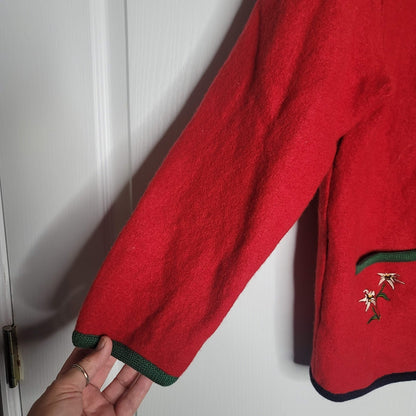 Geiger Tyrolean Sz 42 Austria Cardigan Felted red Wool Jacket Buttons Embroidery