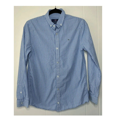 Vineyard Vines Shirt Boys Large 16 Whale Button Up Gingham Plaid Blue White