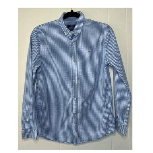 Vineyard Vines Shirt Boys Large 16 Whale Button Up Gingham Plaid Blue White