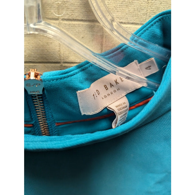 TED BAKER Size 4 Women’s Cormier Turquoise Cut Out Fluted Shift Dress NEW Blue