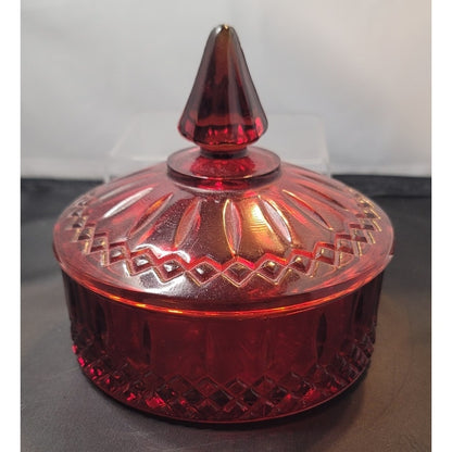 Vintage Flashed Ruby Red Glass Lidded Vanity Powder Jar Candy Dish Gothic