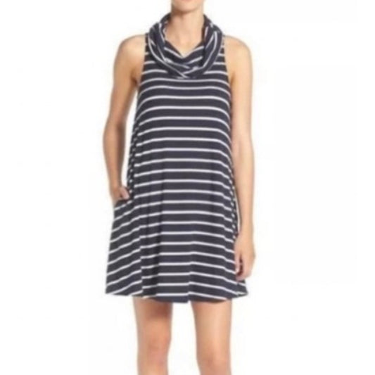 Socialite Cowl Neck Swing Dress Blue White Striped Pockets Size XS NEW Casual