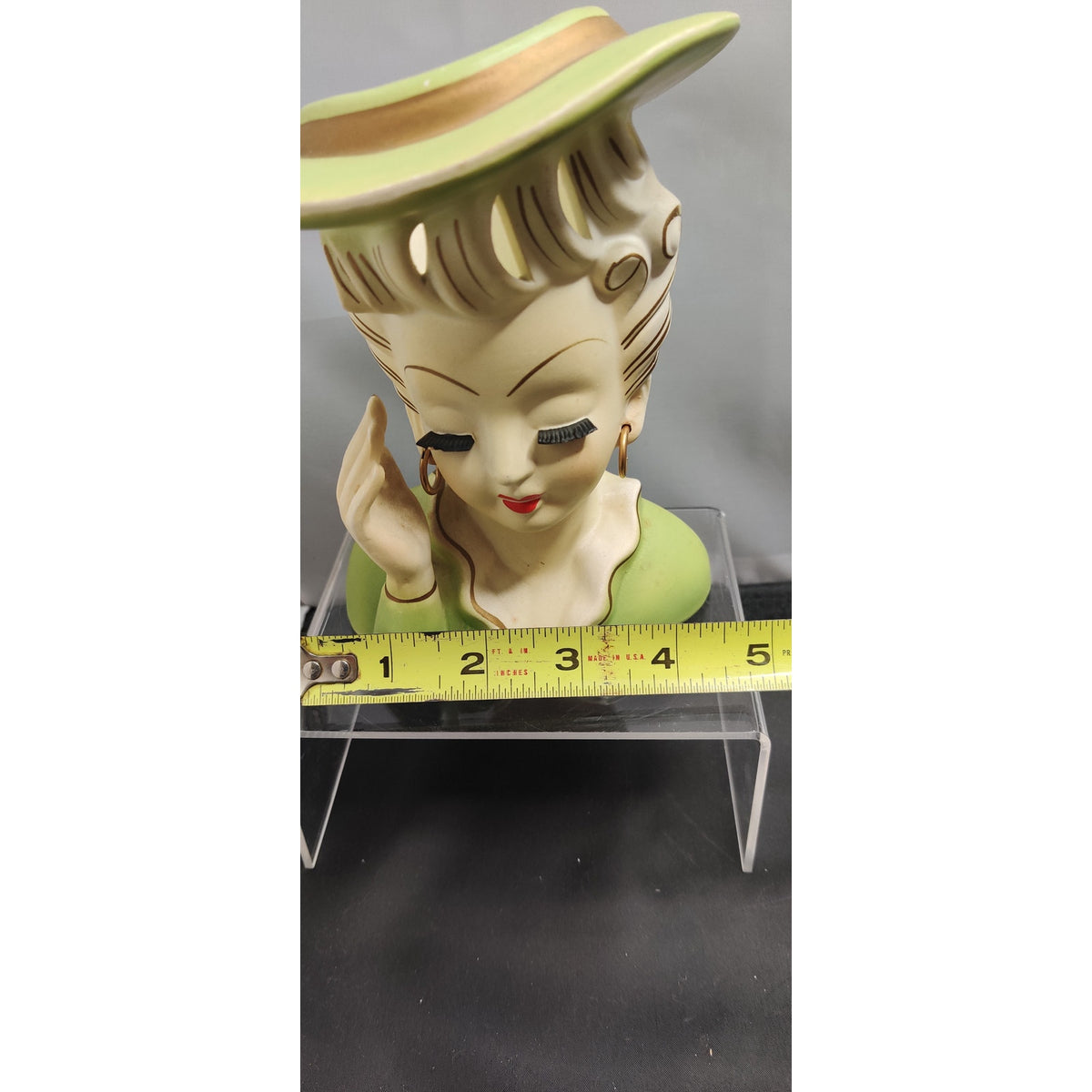 Vintage Green Hat Hand to Head Headache Lady Head Vase Planter Kitsch MidCentury