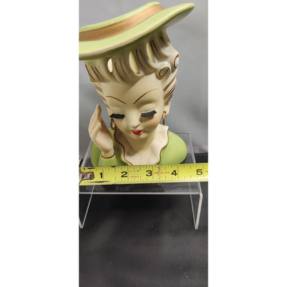 Vintage Green Hat Hand to Head Headache Lady Head Vase Planter Kitsch MidCentury