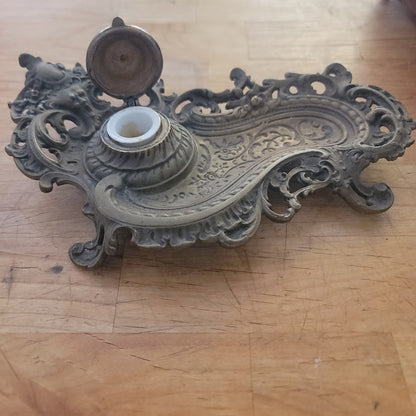Antique Ornate Brass Grotesque Mascaron Inkwell Victorian Rococo Pen Tray