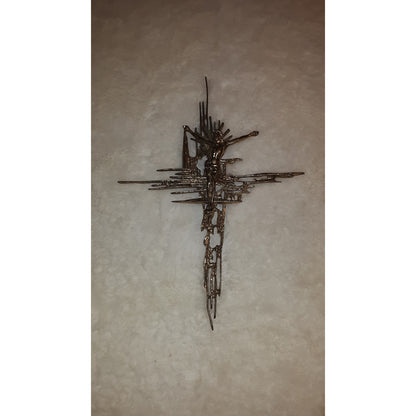 Brutalist crucifix religious wall sculpture goldtone Jesus on Cross Spain Bronze