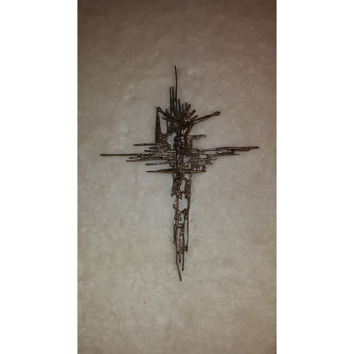 Brutalist crucifix religious wall sculpture goldtone Jesus on Cross Spain Bronze