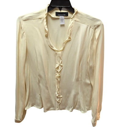 Jones New York Ruffle Silk Blouse Women 10 Cream Ivory Button Up Long Sleeve Top
