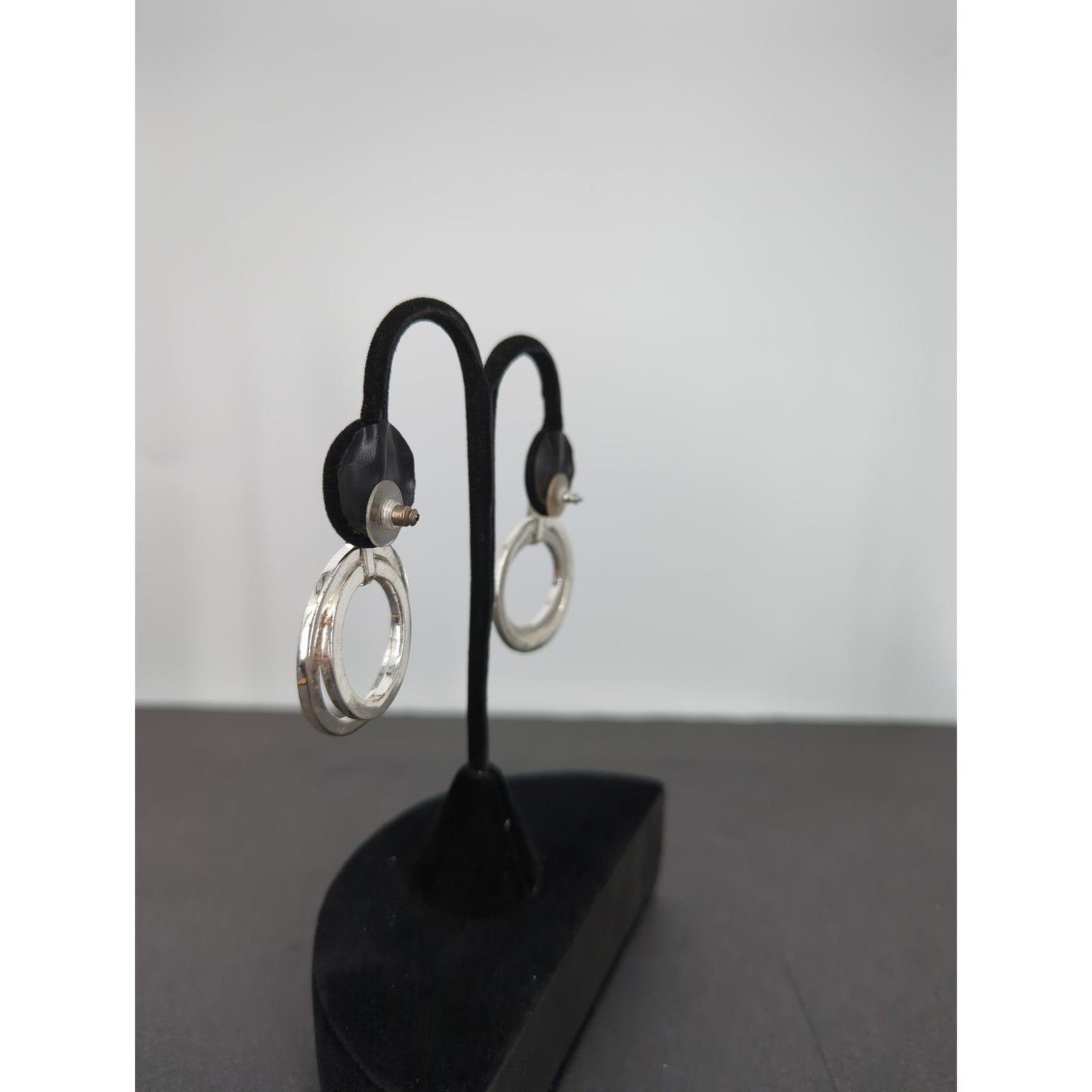 Vintage 80s-90s Silver Tone & Two-Tone Blue Enamel Double Circle Pierced Earring