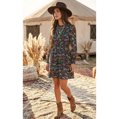 Boden Size 6 dress Ruched bodice Long Sleeve Lined multicolor floral