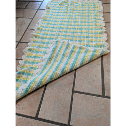 Vintage Hand-Crochet Pastel Plaid Baby Blanket with Scalloped Border