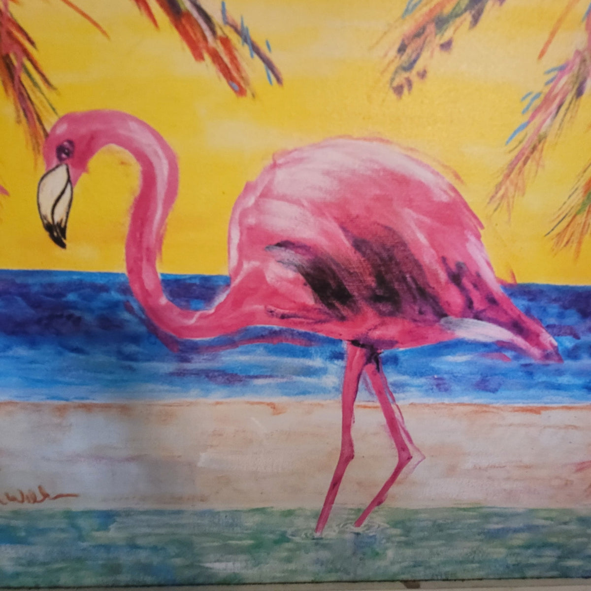 handpainted Todd Wilkens Flamingo Beach Art Painting