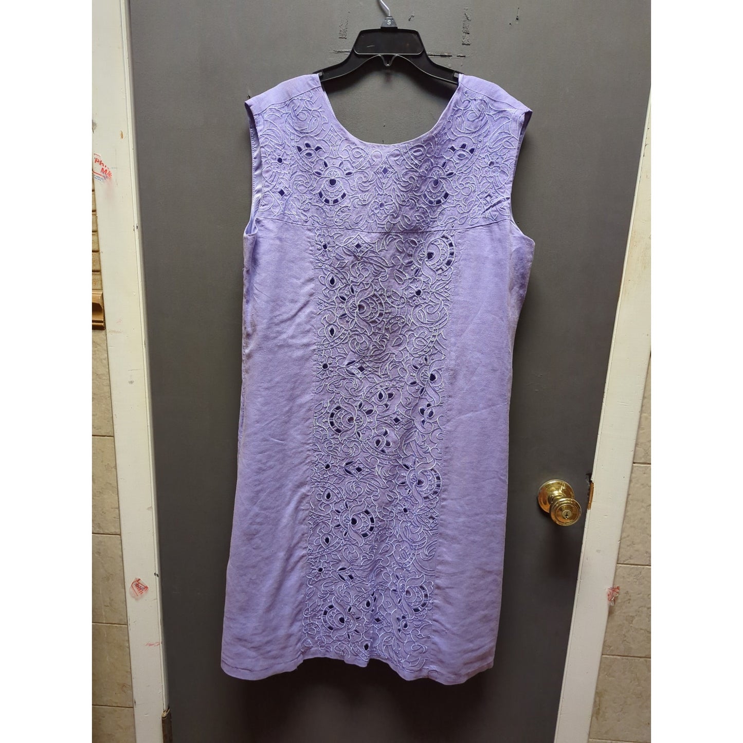 EY Signature Lavender Linen Sleeveless Midi Dress Large Eyelet Cutout
