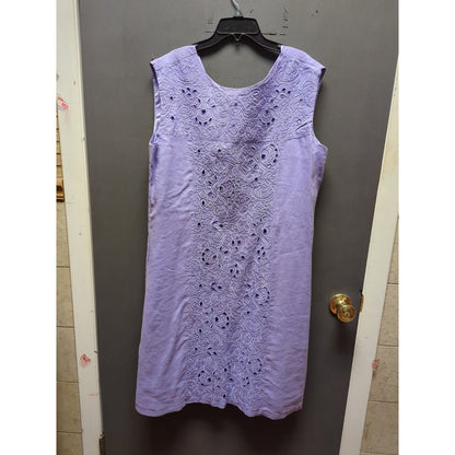 EY Signature Lavender Linen Sleeveless Midi Dress Large Eyelet Cutout