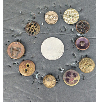 LOT GG of 10 Antique Vintage Victorian Brass Mixed Materials Buttons ESTATE FIND