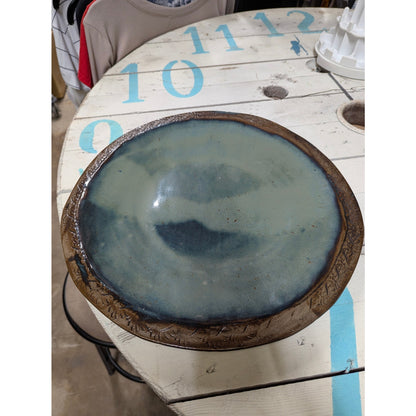 Handmade Studio Pottery Platter 15" Round Etched Rim Earthy Glaze Stoneware