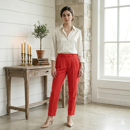 Vintage Josephine Chaus Red 100% Silk Pleated Trouser Pants 90s Power Dressing 6