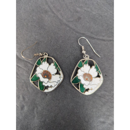 Vintage Floral Cloisonné Enamel Dangle Earrings Silver Tone Pierced Retro