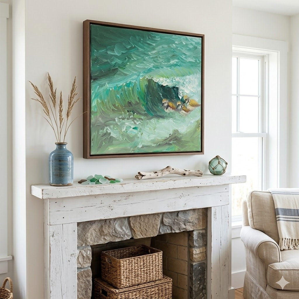 Original Oil Painting on Canvas Shorebirds & Ocean Wave Beach Coastal Decor