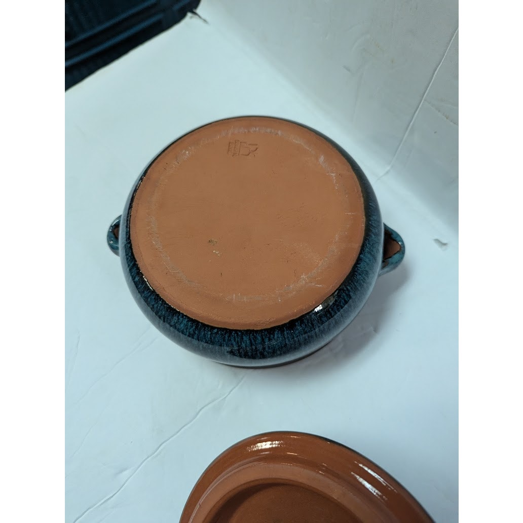 Spanish lidded olla Clay pot casserole cooking Covered Teal One or Two Serving