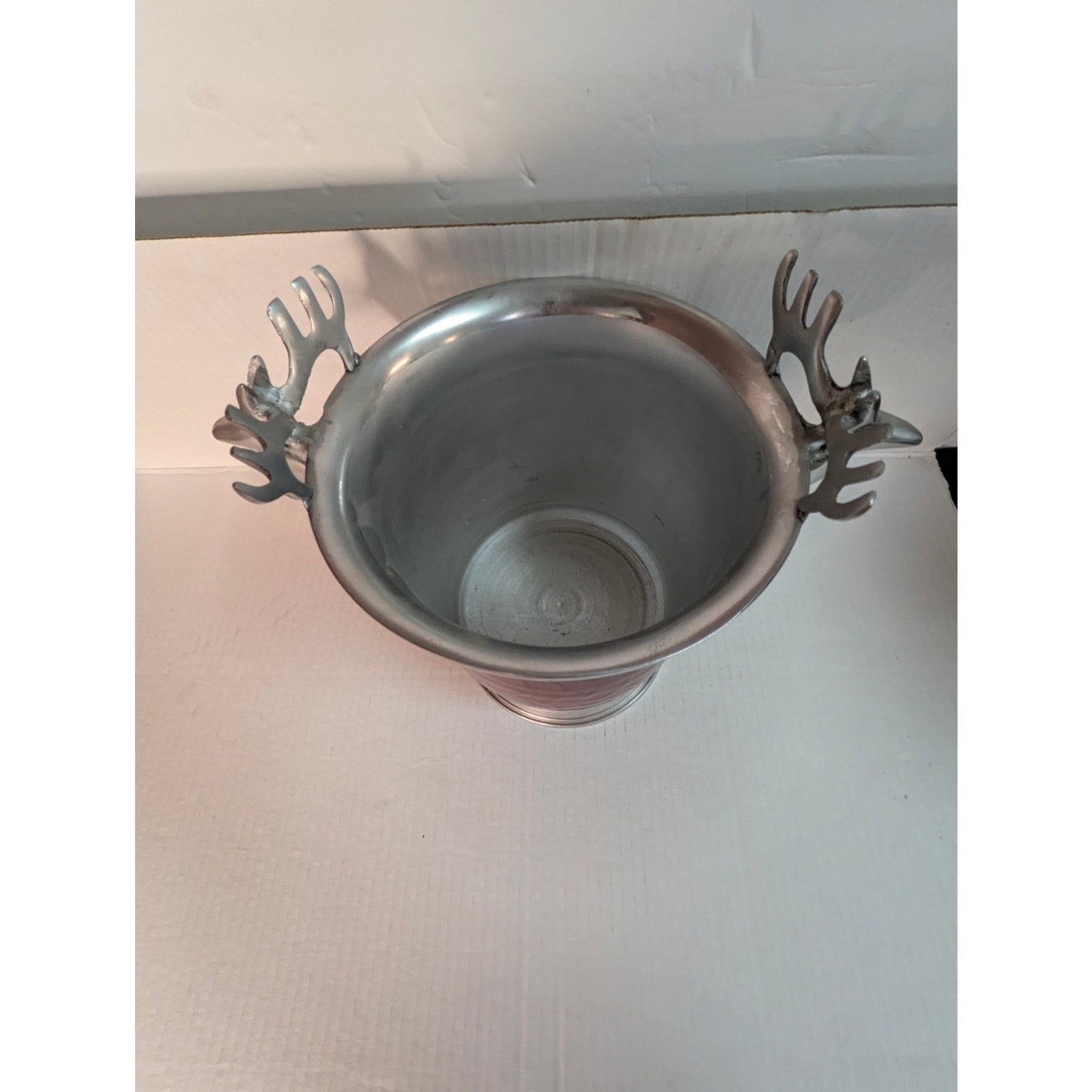 Vintage Red Enamel & Silver Stag Head Ice Bucket champagne Cabin Ski lodge