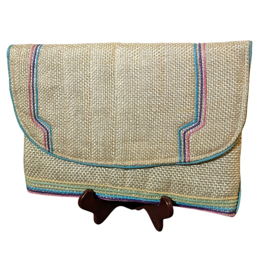 Vintage 80s Woven Straw Convertible Clutch Turquoise Summer Boho