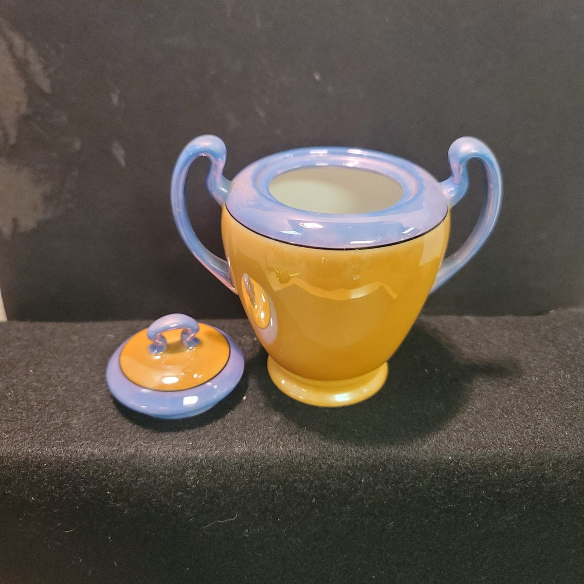 Takito Golden Orange Blue Lusterware Vintage Japanese lidded sugar bowl handles