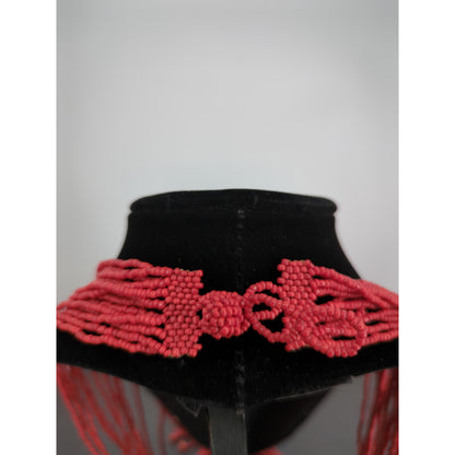 Vintage Red Seed Bead Tassel Necklace Multi Strand Waterfall Boho Statement 18"